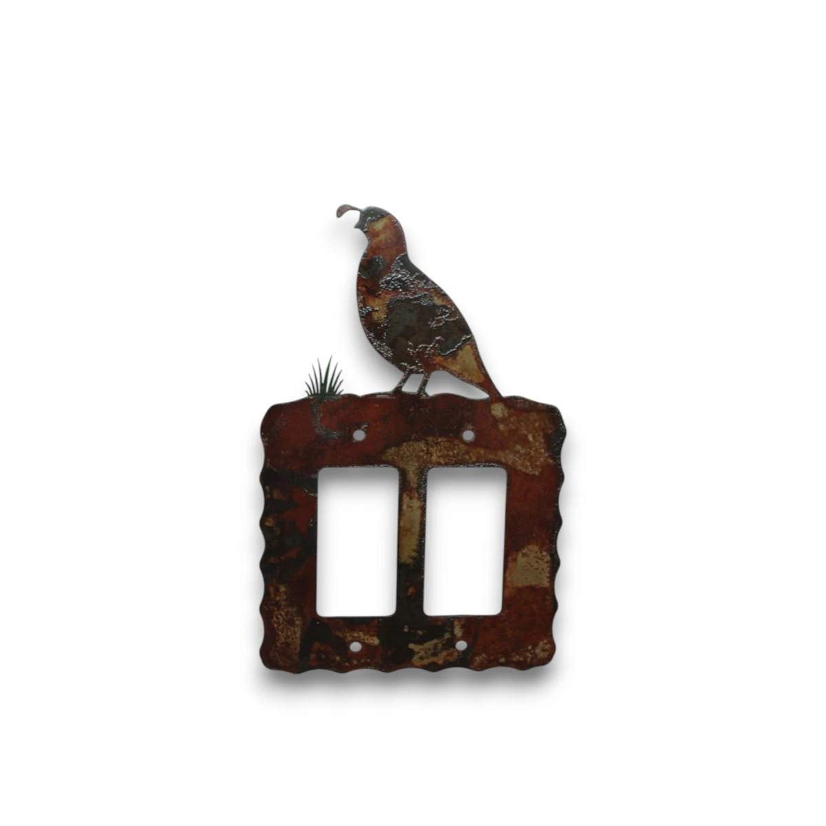 Hand painted double rocker metal light switch cover featuring a rustic quail silhouette.