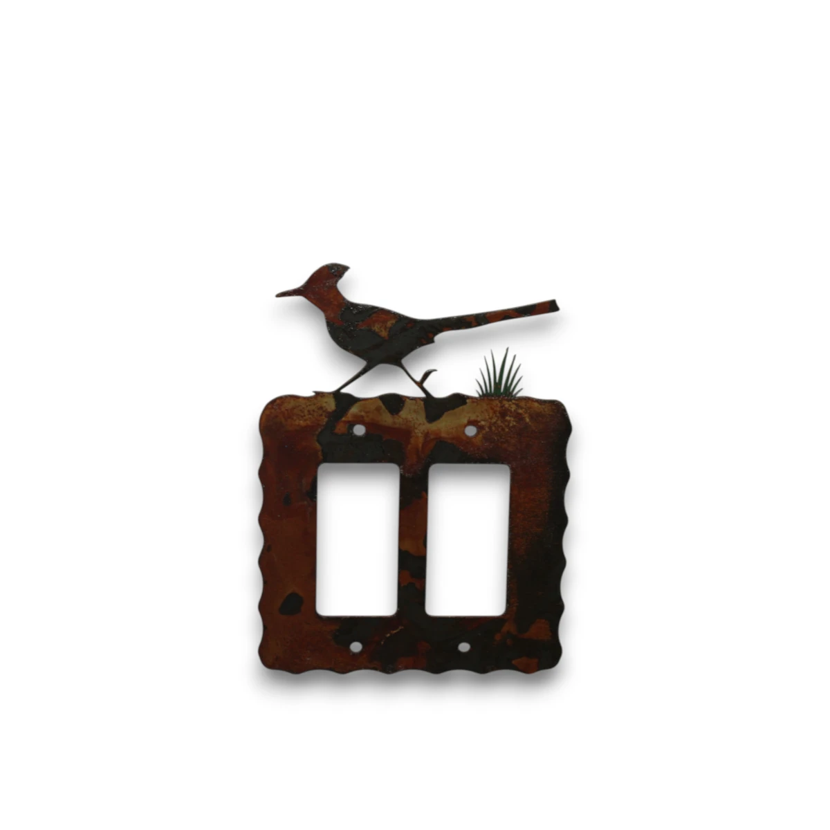 Hand painted double rocker metal light switch cover featuring a rustic roadrunner silhouette.