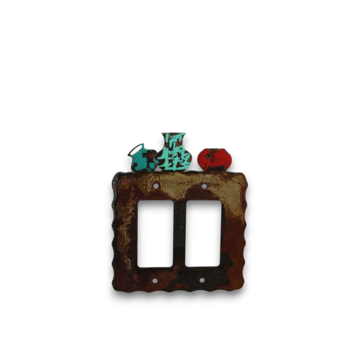 Hand-painted double rocker metal light switch cover with Southwestern pottery accents, turquoise and red detail, and rustic western decor style.