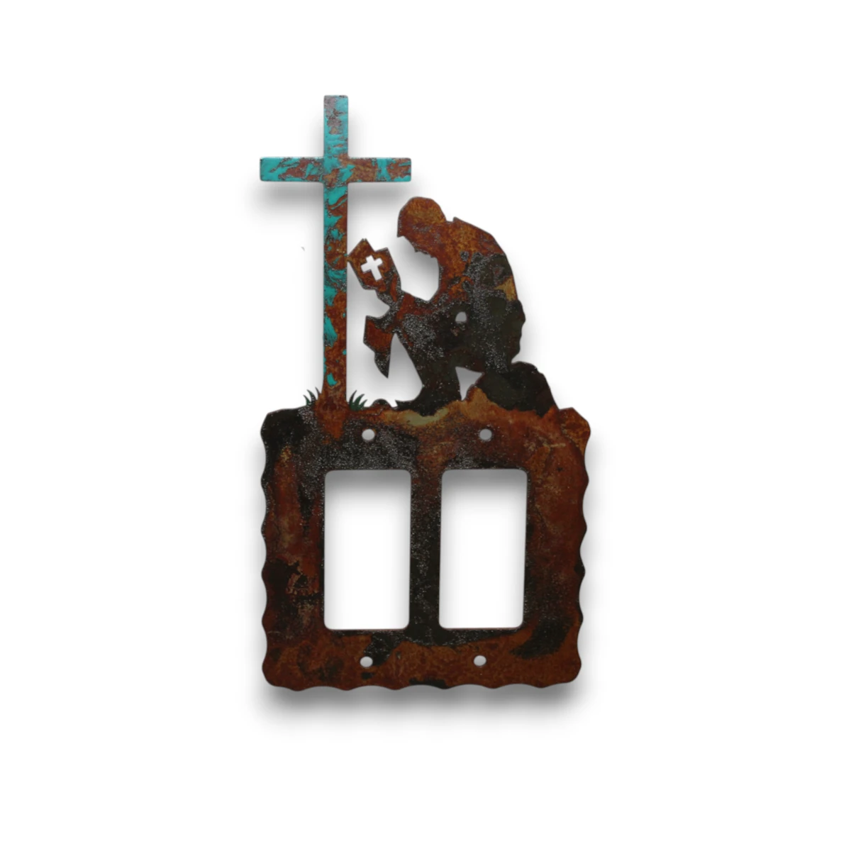 Hand painted double rocker metal light switch cover featuring a praying cowboy kneeling beside a turquoise cross.