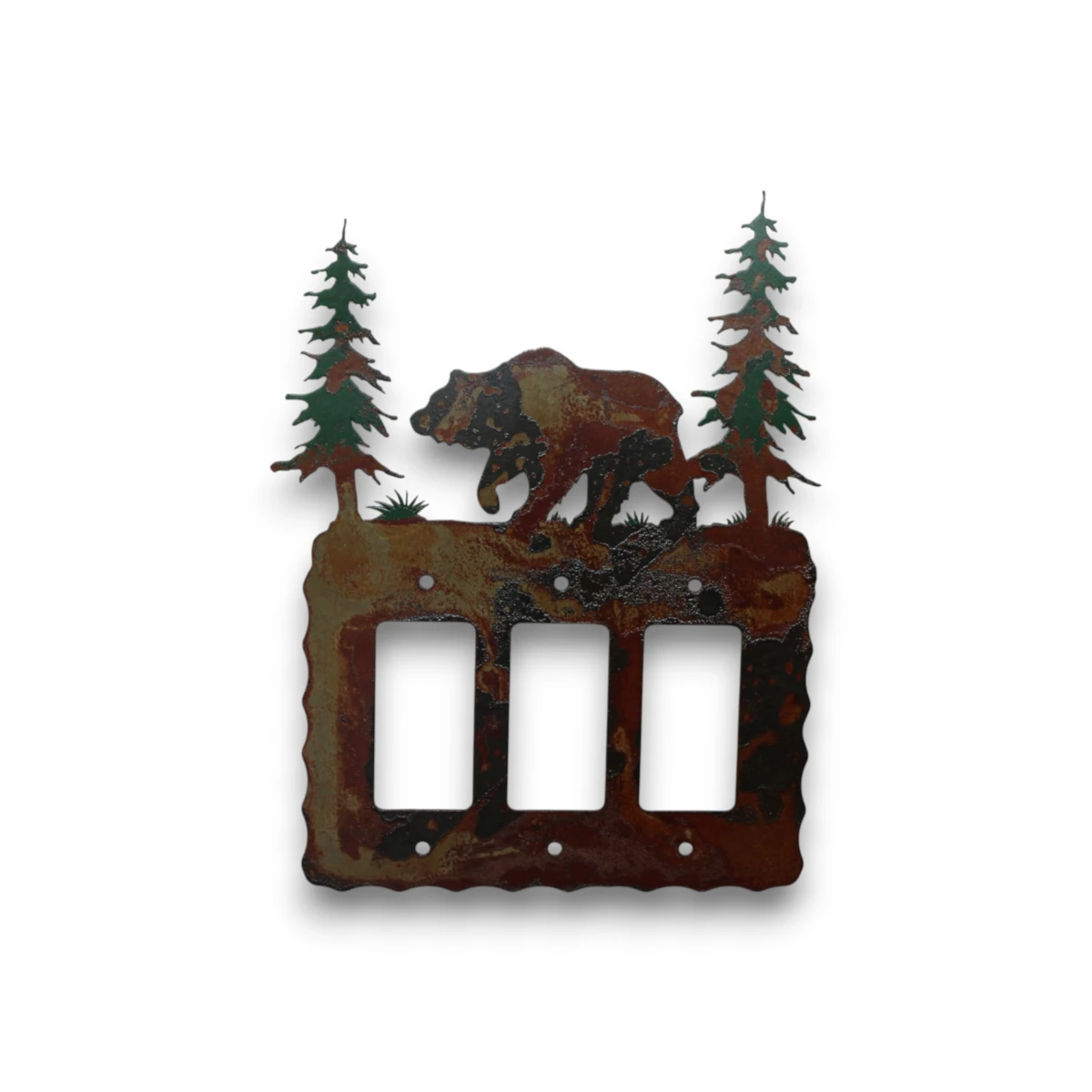 Hand painted triple rocker metal light switch cover with bear and pine tree scene