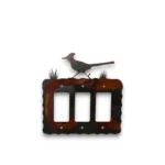 Hand-painted roadrunner triple rocker light switch cover with rustic weathered finish and Southwestern desert decor style.