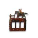 Hand-painted cowboy triple rocker light switch cover with rustic weathered finish and western ranch decor style.