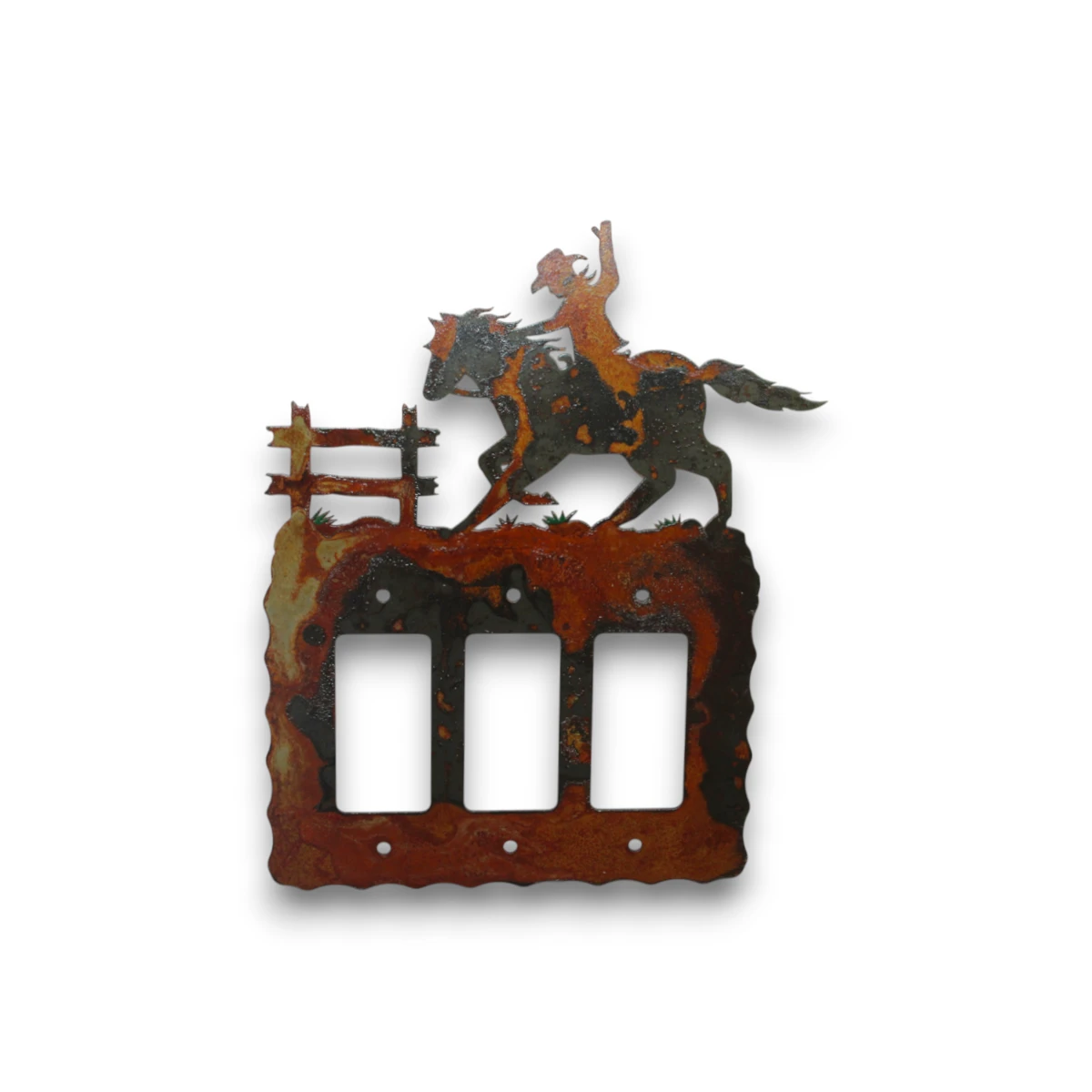 metal-wall-art-design-691L-triple-switch-cowboy Hand-painted cowboy triple rocker light switch cover with rustic weathered finish and western ranch decor style.