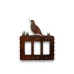 Hand-painted quail triple rocker light switch cover with rustic weathered finish and Southwestern desert wildlife decor style.
