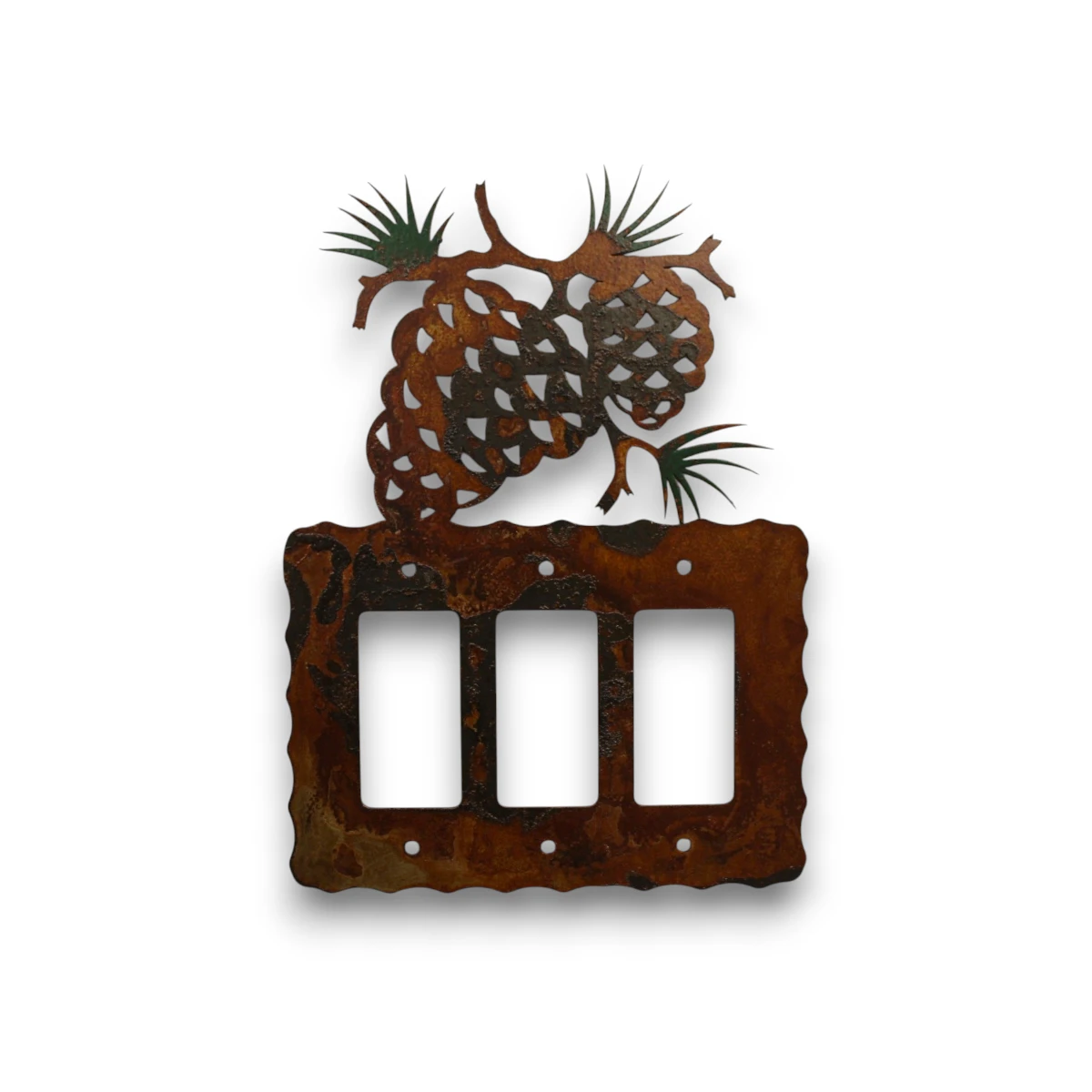 Hand-painted pine cone triple rocker light switch cover with evergreen detail, rustic weathered finish, and woodland cabin decor style.