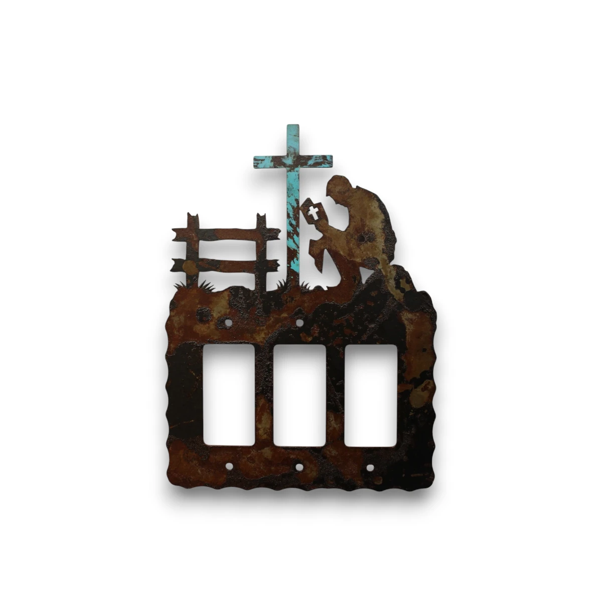 Hand-painted praying cowboy triple rocker light switch cover with turquoise cross, rustic weathered finish, and western faith decor style.