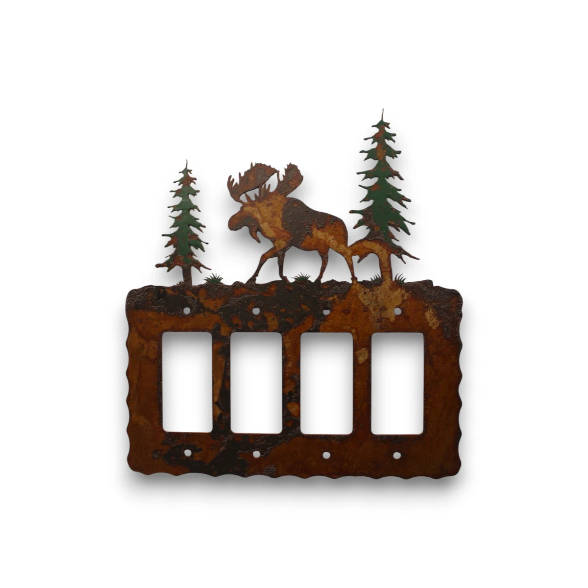 Hand-painted moose quad rocker light switch cover with pine trees, rustic weathered finish, and cabin lodge decor style.