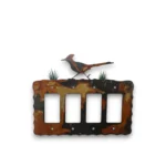 Hand-painted roadrunner quad rocker light switch cover with rustic weathered finish and Southwestern desert decor style.