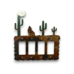 Hand-painted wolf quad rocker light switch cover with cactus, moon detail, rustic weathered finish, and Southwestern decor style.