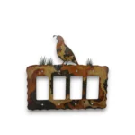 Hand-painted quail quad rocker light switch cover with rustic weathered finish and Southwestern desert wildlife decor style.