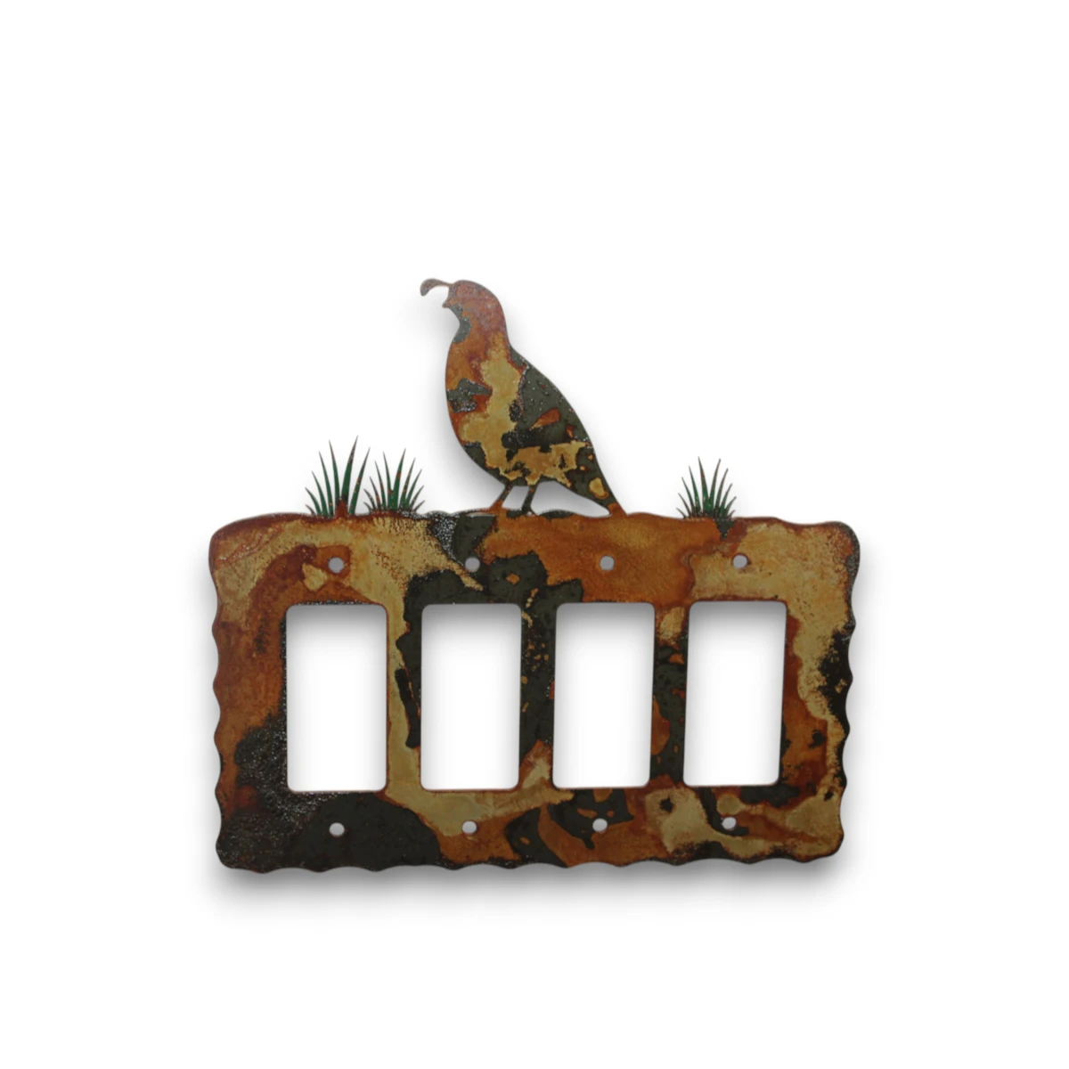 metal-wall-art-design-729L-quad-rocker-switch-quail- Hand-painted quail quad rocker light switch cover with rustic weathered finish and Southwestern desert wildlife decor style.