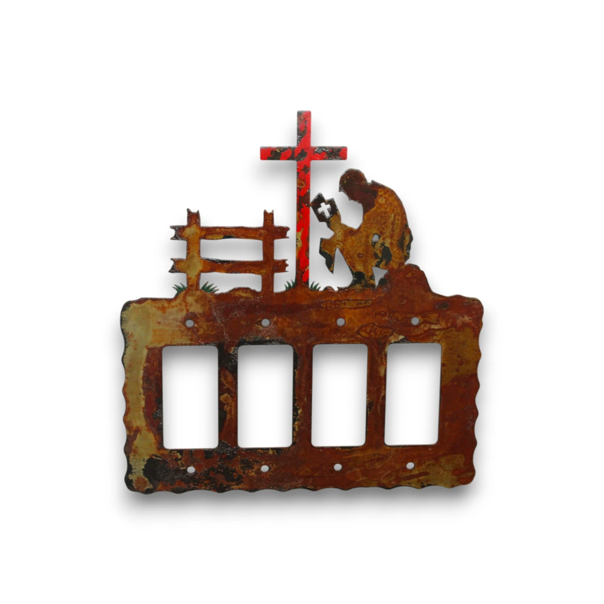 metal-wall-art-design-730L-quad-rocker-switch-praying-cowboy-red Hand-painted praying cowboy quad rocker light switch cover with red cross, rustic weathered finish, and western faith decor style.