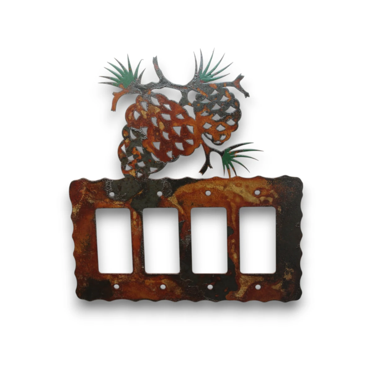 metal-wall-art-design-733-quad-rocker-switch-pine-cones Hand-painted pine cone quad rocker light switch cover with evergreen detail, rustic weathered finish, and woodland cabin decor style.