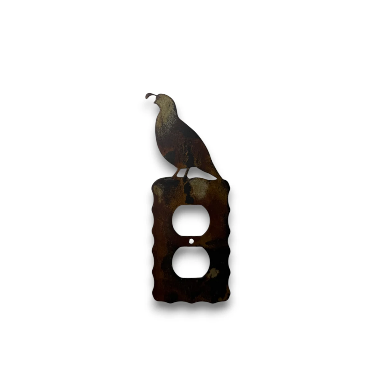 Hand-painted single metal outlet cover with quail accent, rustic weathered finish, and Southwestern western decor style.