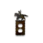 Hand-painted single metal outlet cover with riding cowboy, rustic weathered finish, and western ranch decor style.