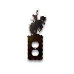 Hand-painted single metal outlet cover with bronc rider silhouette, rustic weathered finish, and western rodeo decor style.
