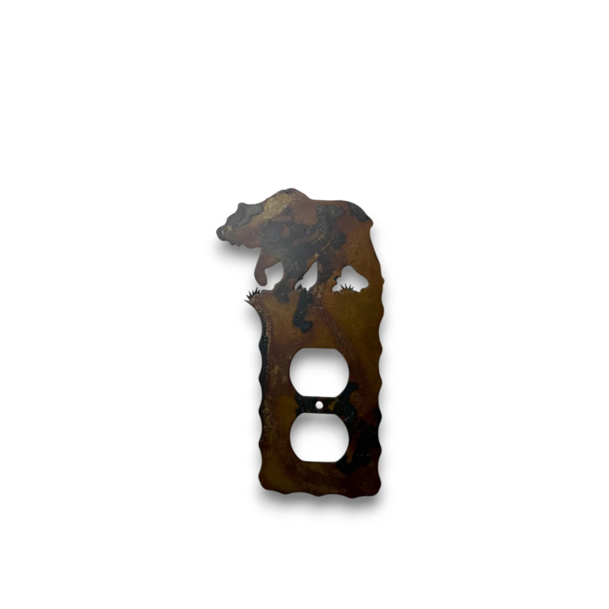metal-wall-art-design-764L-single-outlet-bear Hand-painted single metal outlet cover with bear accent, rustic weathered finish, and woodland cabin wildlife decor style.