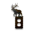 Hand-painted single metal outlet cover with bull elk, rustic weathered finish, and cabin wildlife decor style.