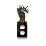 Hand-painted single metal outlet cover with bugling elk silhouette, rustic weathered finish, and mountain cabin wildlife decor.