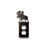 Hand-painted single metal outlet cover with moose silhouette, rustic weathered finish, and Northwoods cabin wildlife decor style.
