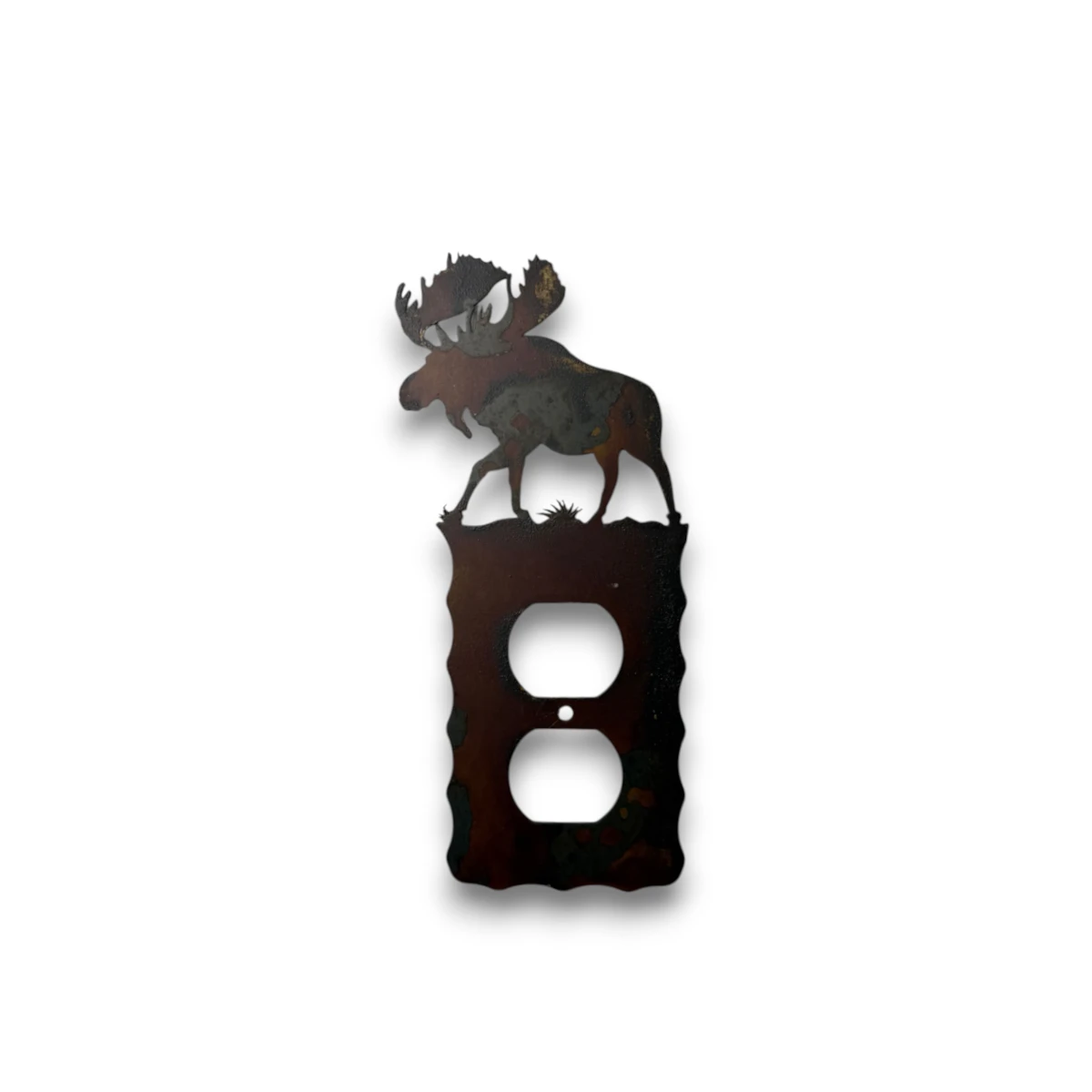 metal-wall-art-design-767L-single-outlet-moose Hand-painted single metal outlet cover with moose silhouette, rustic weathered finish, and Northwoods cabin wildlife decor style.