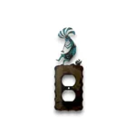 Hand-painted single metal outlet cover with Kokopelli figure, rustic weathered finish, and Southwestern western decor style.