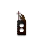Hand-painted single metal outlet cover with praying cowboy, with cross, rustic western finish, and faith-inspired cabin decor.