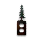 Hand-painted single metal outlet cover with evergreen tree, rustic weathered finish, and cabin woodland decor style.