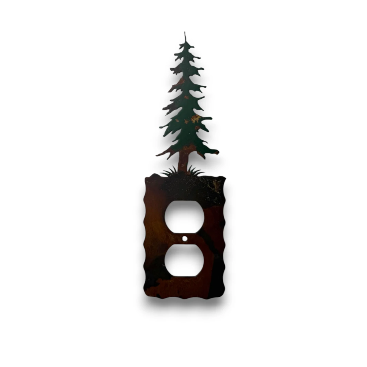 metal-wall-art-design-774-single-outlet-trees Hand-painted single metal outlet cover with evergreen tree, rustic weathered finish, and cabin woodland decor style.