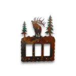 Hand-painted bugling elk triple rocker light switch cover with pine trees and rustic cabin wildlife decor style.