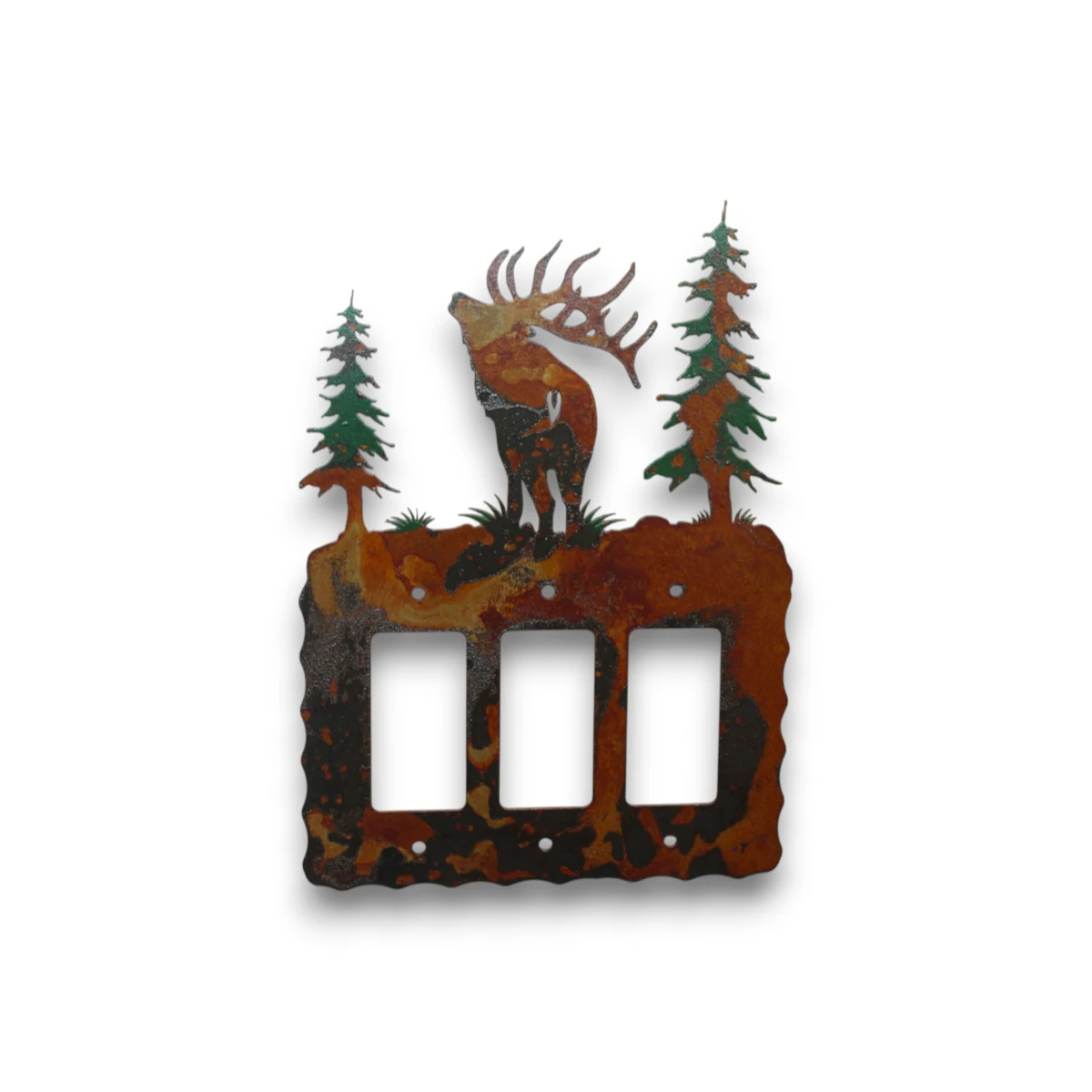metal-wall-art-design-787L-triple-switch-bugling-elk Hand-painted bugling elk triple rocker light switch cover with pine trees and rustic cabin wildlife decor style.
