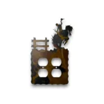 Hand-painted double metal outlet cover with bronc rider, fence detail, rustic weathered finish, and western rodeo decor style.