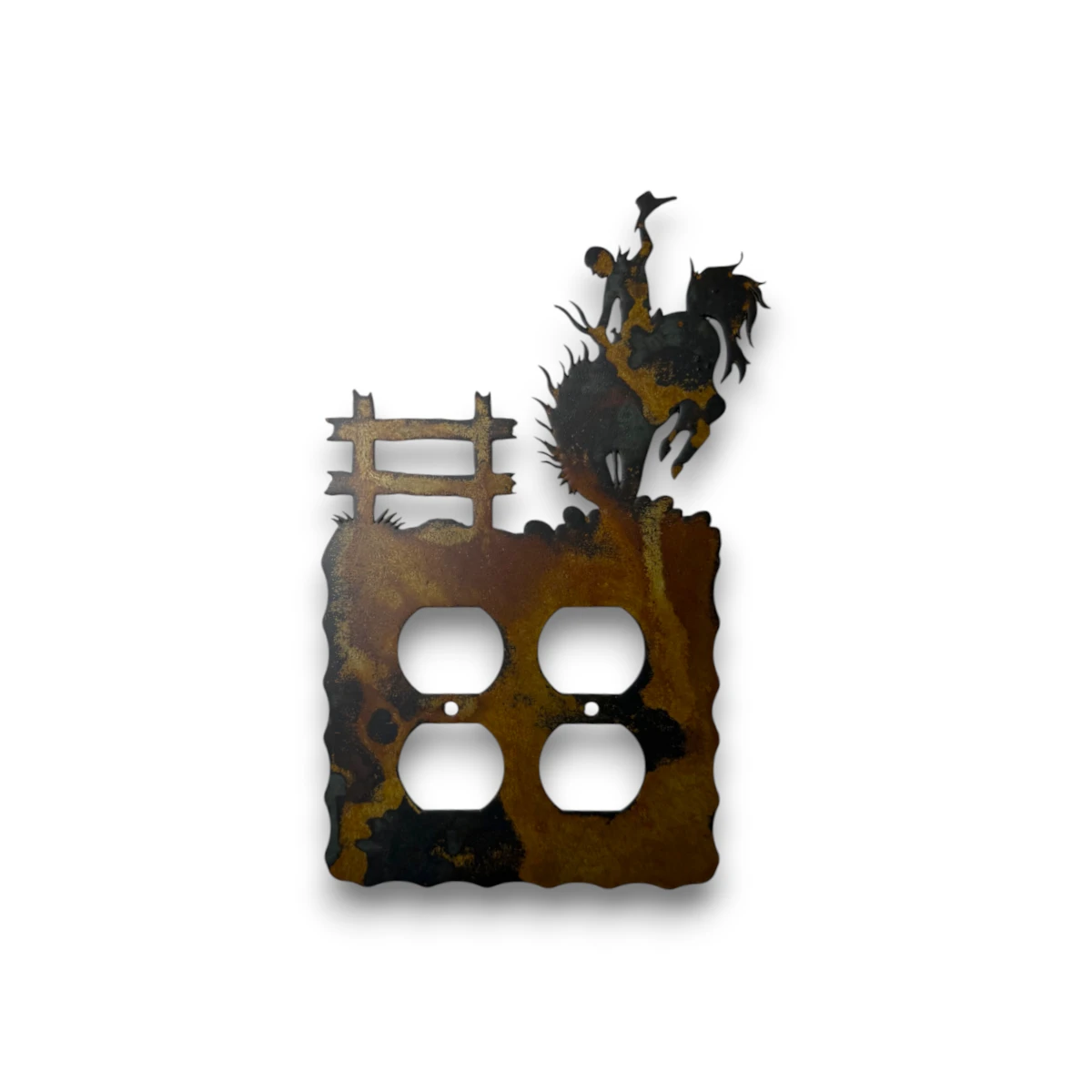 metal-wall-art-design-796L-double-outlet-bronc-rider Hand-painted double metal outlet cover with bronc rider, fence detail, rustic weathered finish, and western rodeo decor style.