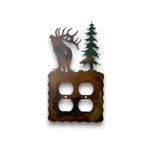 Hand-painted double metal outlet cover with bugling elk, evergreen tree, rustic weathered finish, and mountain cabin wildlife decor.